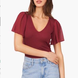 1 state Elevated Tee Shirt Burgundy V-Neck Women's ribbed Top size